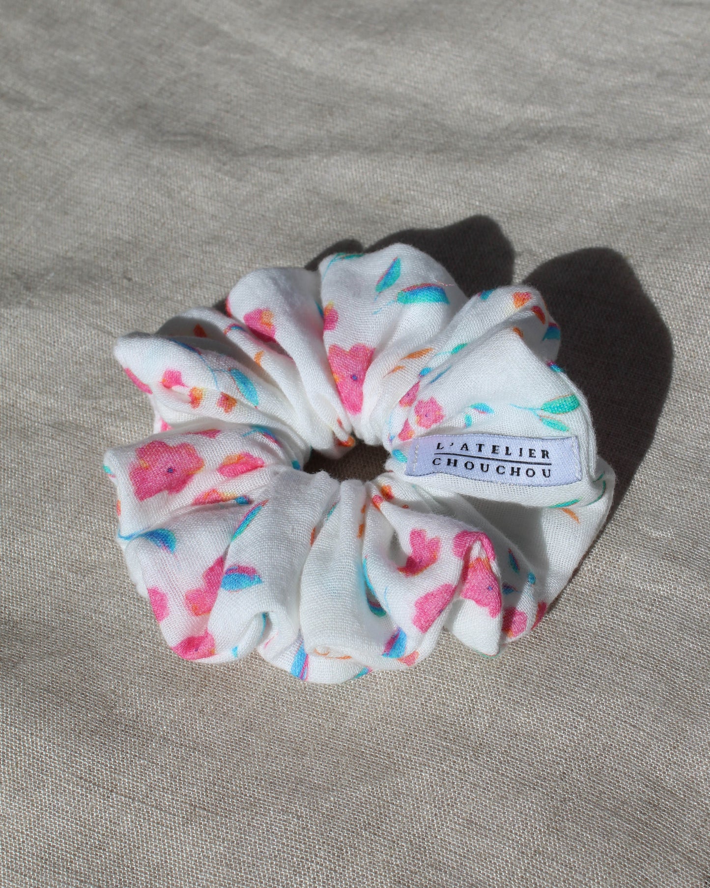 Chouchou cheveux, en gaze de coton blanc à fleurs, pour femme