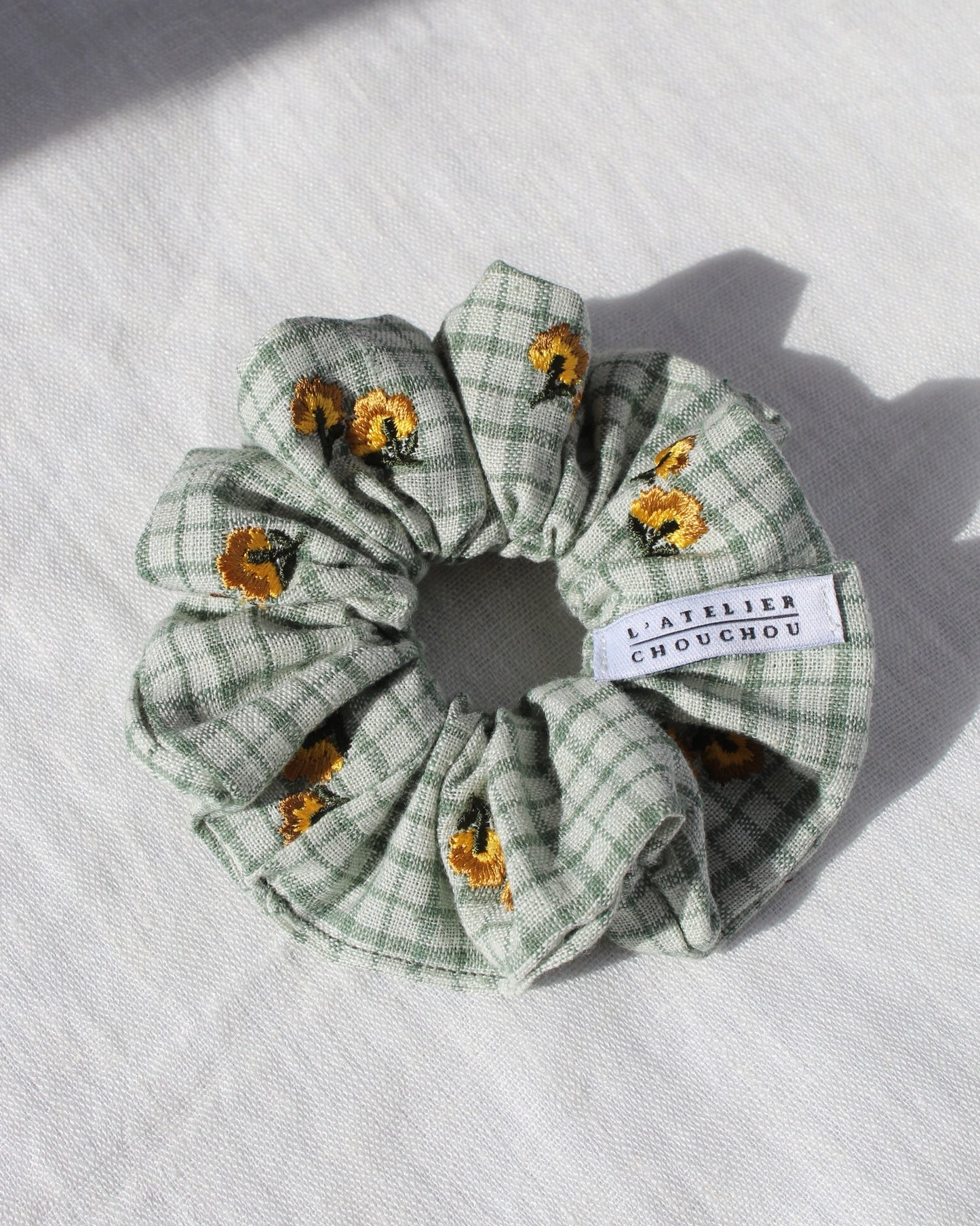 Chouchou cheveux, coton avec broderies fleurs, vert et jaune